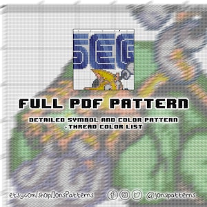 May include: A cross-stitch pattern for a pixelated image of the Sega logo with a yellow character in front of it. The pattern includes a detailed symbol and color pattern, as well as a thread color list. The pattern is available as a PDF download.