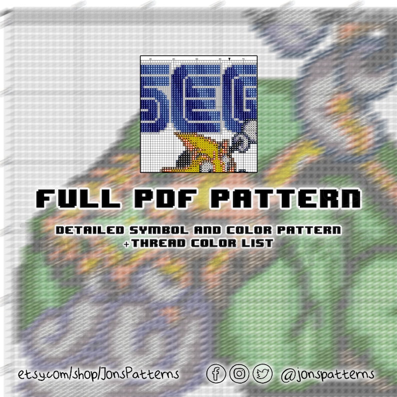 May include: A cross-stitch pattern for a pixelated image of the Sega logo with a yellow character in front of it. The pattern includes a detailed symbol and color pattern, as well as a thread color list. The pattern is available as a PDF download.