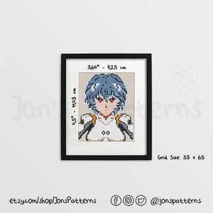 May include: Cross stitch pattern of a blue-haired anime character with a white and orange suit. The pattern is 53 stitches wide and 65 stitches tall. The pattern is framed in a black frame.