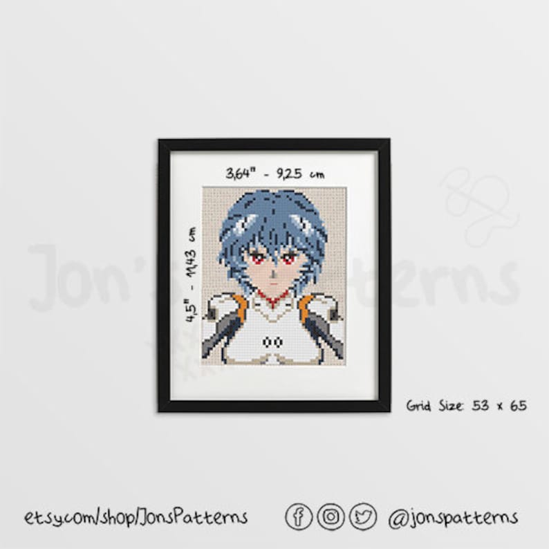 May include: Cross stitch pattern of a blue-haired anime character with a white and orange suit. The pattern is 53 stitches wide and 65 stitches tall. The pattern is framed in a black frame.