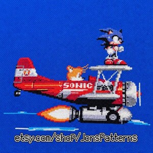 May include: A cross-stitch pattern on a blue background featuring a red biplane with the word SONIC printed on the side. A pixelated blue hedgehog stands on the top wing, while a yellow fox sits in the cockpit. A white engine emits a flame.
