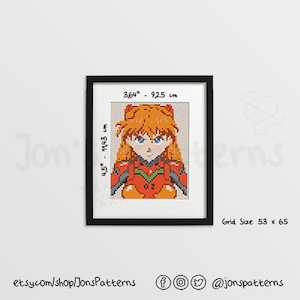 May include: Cross-stitch pattern of a character from the anime Neon Genesis Evangelion. The character is a young woman with orange hair and blue eyes, wearing a red and orange suit with the number 02 on the chest. The pattern is 53 stitches wide and 65 stitches tall.
