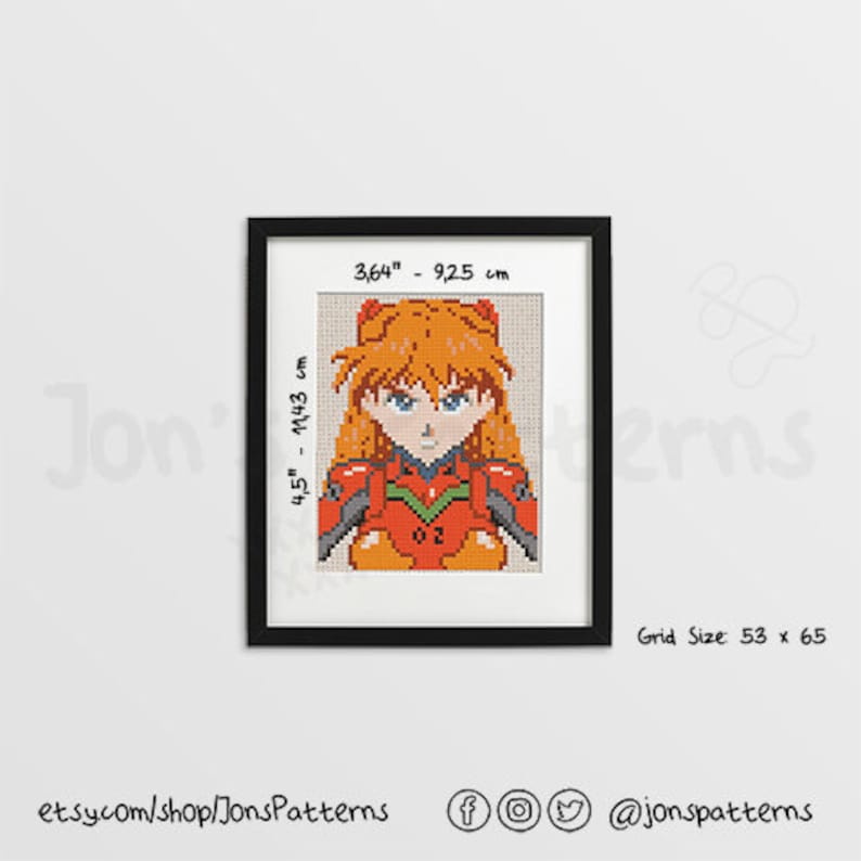 May include: Cross-stitch pattern of a character from the anime Neon Genesis Evangelion. The character is a young woman with orange hair and blue eyes, wearing a red and orange suit with the number 02 on the chest. The pattern is 53 stitches wide and 65 stitches tall.