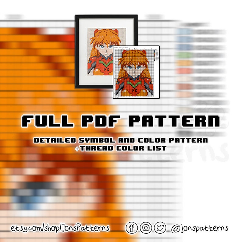 May include: A digital cross-stitch pattern featuring a character from the anime series Neon Genesis Evangelion. The pattern includes a detailed symbol and color chart, as well as a thread color list. The pattern is available as a PDF download.