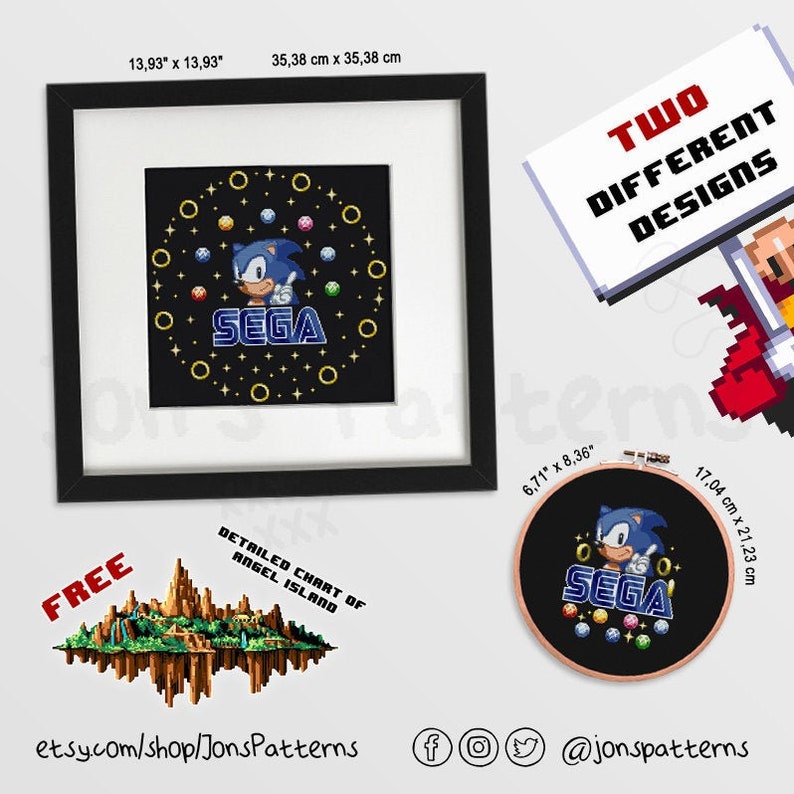 May include: Two cross-stitch patterns featuring Sonic the Hedgehog and the Sega logo. The first pattern is a 13.93 inch square with Sonic in the center surrounded by gold rings and gems. The second pattern is a 6.71 inch round hoop with Sonic and the Sega logo in the center. Both patterns are on a black background.