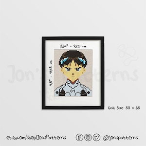 May include: Cross-stitch pattern of a character from the anime Neon Genesis Evangelion. The character has brown hair, blue eyes, and is wearing a white pilot suit with the number "01" on the chest. The pattern is 53 stitches wide by 65 stitches high.