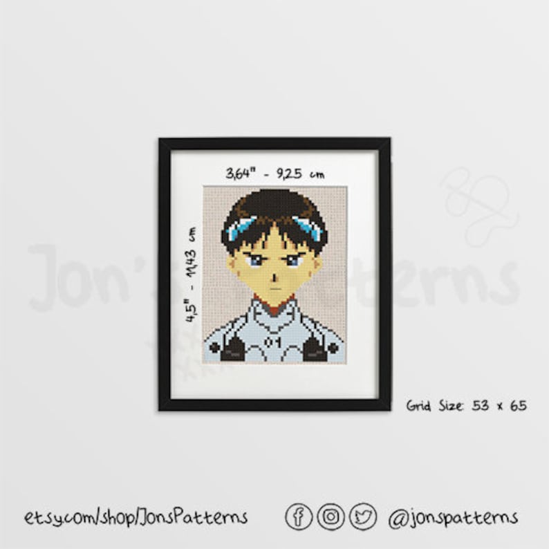 May include: Cross-stitch pattern of a character from the anime Neon Genesis Evangelion. The character has brown hair, blue eyes, and is wearing a white pilot suit with the number "01" on the chest. The pattern is 53 stitches wide by 65 stitches high.