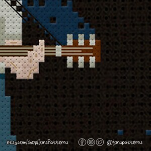 May include: Pixel art cross stitch pattern of a person playing a guitar. The pattern is in shades of blue, brown, and white. The text "etsy.com/shop/JonsPatterns" and "@jonspatterns" is visible at the bottom of the image.