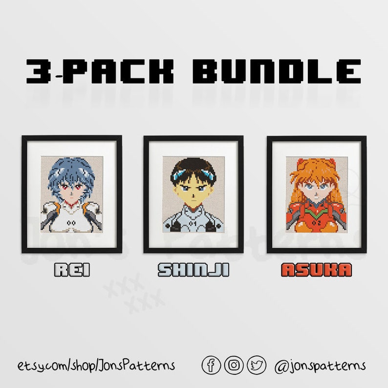 May include: A 3-pack bundle of pixel art cross stitch patterns featuring characters from the anime Neon Genesis Evangelion. The characters are Rei, Shinji, and Asuka. Each character is depicted in a square frame with a white background.