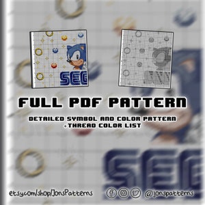May include: Cross stitch pattern for a pixelated image of Sonic the Hedgehog with the word "SEG" below him. The pattern includes a color key and a symbol chart.