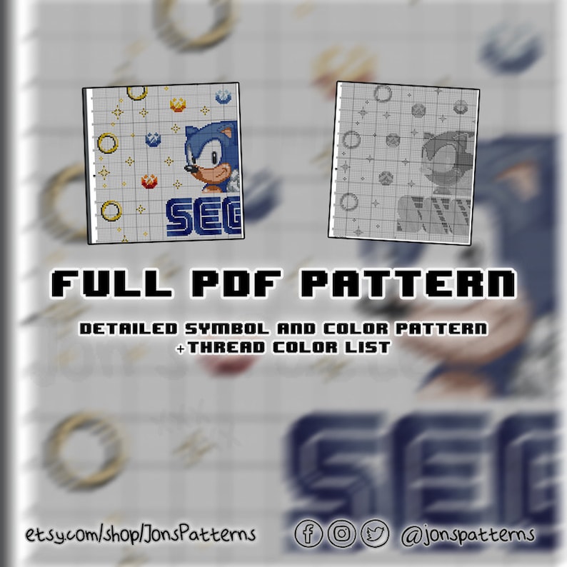 May include: Cross stitch pattern for a pixelated image of Sonic the Hedgehog with the word "SEG" below him. The pattern includes a color key and a symbol chart.