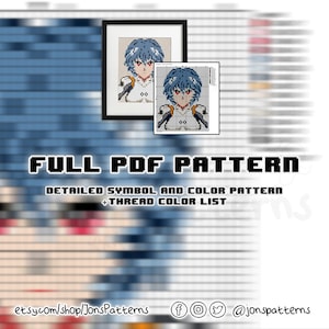 May include: A digital cross-stitch pattern featuring a character from the anime series Neon Genesis Evangelion. The pattern is available as a PDF download and includes a detailed symbol and color chart, as well as a thread color list. The pattern is available for purchase on Etsy.