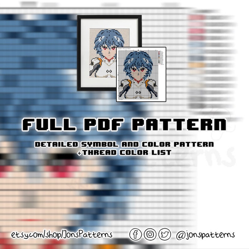 May include: A digital cross-stitch pattern featuring a character from the anime series Neon Genesis Evangelion. The pattern is available as a PDF download and includes a detailed symbol and color chart, as well as a thread color list. The pattern is available for purchase on Etsy.