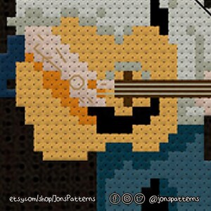 May include: Cross-stitch pattern of a person playing a guitar. The pattern is in shades of brown, yellow, and blue. The pattern includes the text "etsy.com/shop/JonsPatterns" and "@jonspatterns".