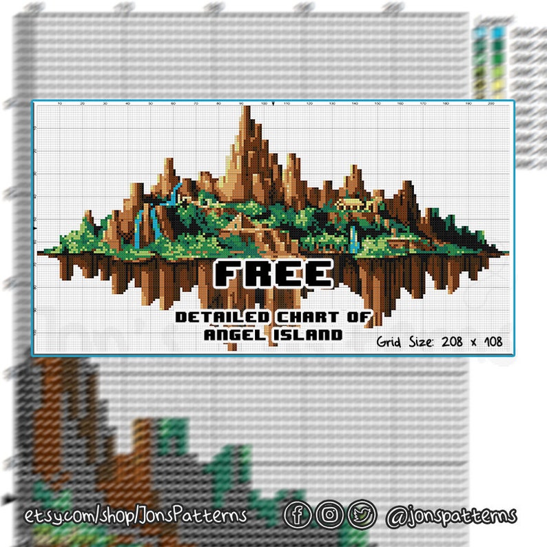 May include: A free cross-stitch pattern of Angel Island from the video game Sonic the Hedgehog. The pattern is 208 stitches wide by 108 stitches high. The image shows a detailed pixelated depiction of the island, including the iconic floating mountains and waterfalls.