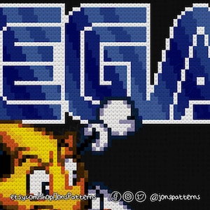 May include: Cross stitch pattern featuring the word "SEGA" in blue and white pixel art. A yellow character with a white hat is peeking out from the bottom left corner of the image. The text "etsy.com/shop/JonsPatterns" is at the bottom left corner of the image. The text "@jonspatterns" is at the bottom right corner of the image.