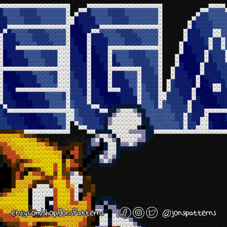 May include: Cross stitch pattern featuring the word "SEGA" in blue and white pixel art. A yellow character with a white hat is peeking out from the bottom left corner of the image. The text "etsy.com/shop/JonsPatterns" is at the bottom left corner of the image. The text "@jonspatterns" is at the bottom right corner of the image.