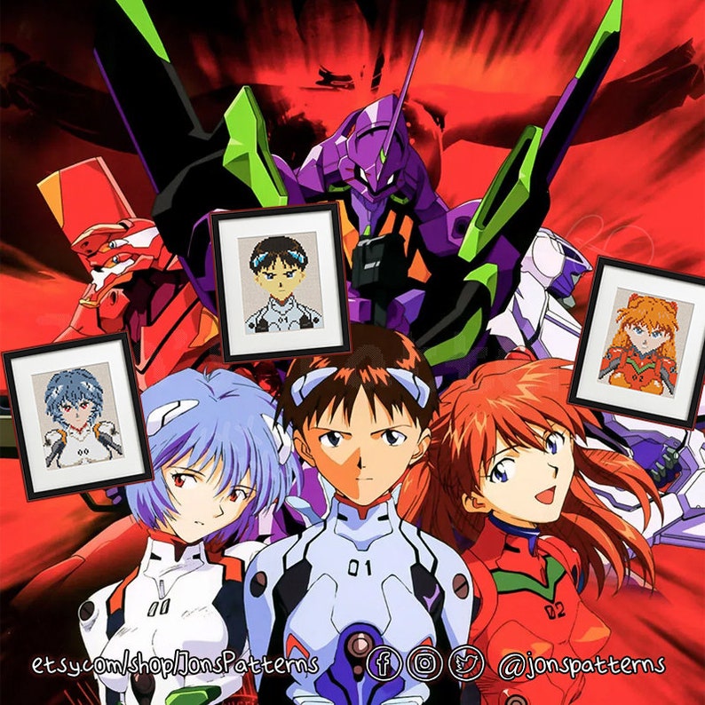 May include: Cross stitch patterns of characters from the anime Neon Genesis Evangelion. The patterns are framed and held by the characters themselves. The characters are Shinji Ikari, Asuka Langley Soryu, and Rei Ayanami. The background features the Evangelion units.
