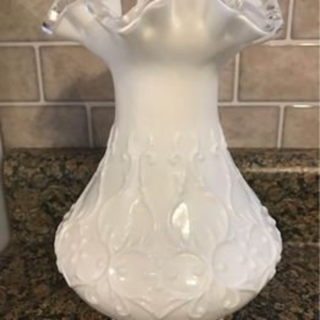 Vintage Fenton Milk Glass Vase With Ruffled Opening 8 Inches Etsy