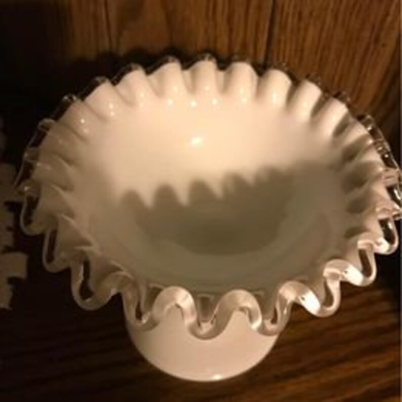 Vintage Fenton White Milk Glass Pedestal Candy Dish Ruffled Edge Silvercrest Etsy