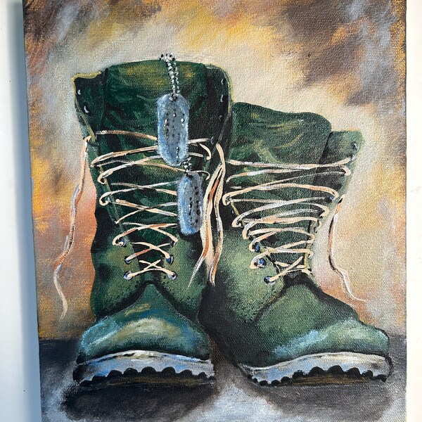 Original acrylic painting on stretched canvas - "Boots of Freedom" - 8x10 - military boots