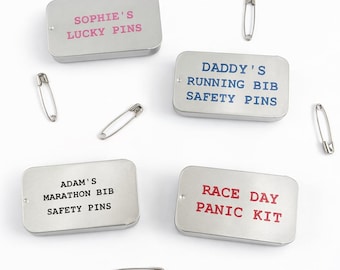 Running Bib Safety Pins Gift | Race Day Panic Kit | Marathon Runner Gift | Personalised Race Day Bib Pins Tin | Running Gift