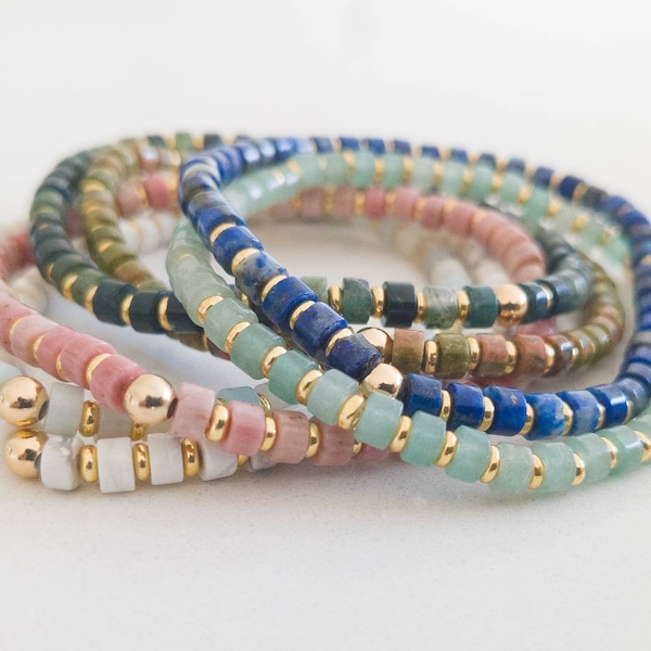Heishi Gemstone Elastic Bracelet | Dainty Gemstone Stretchy | Lapis | Aventurine | Rhodonite | Howlite | Unakite | Amazonite | Moss Agate