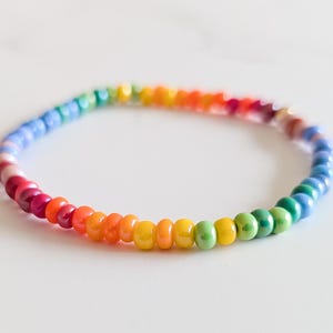 May include: A rainbow-colored beaded bracelet. The bracelet features a spectrum of colors, including red, orange, yellow, green, blue, and purple. The beads are small and round, strung together to form a flexible band.