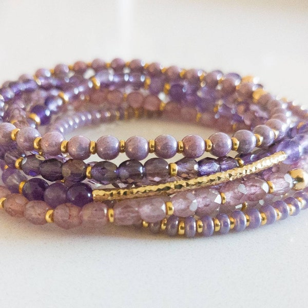 Monochromatic Purple Bracelet Stack | Shades of Purple Stretchy Bracelet Stack | Sparkly Purple Bracelet Stack | Dainty Amethyst Bracelet