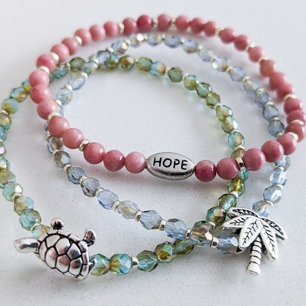 50% of Profits Donated to Support Maui | Firepolish Turtle Palm Tree Bracelet | Rhodonite Hope Bracelet  | Maui Strong Bracelet | Lahaina