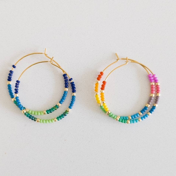 Dainty Seed Bead Earring Hoops | Colorblock Tiny Hoop Earrings | Colorful Seed Bead Earrings | Dainty Earring Hoops