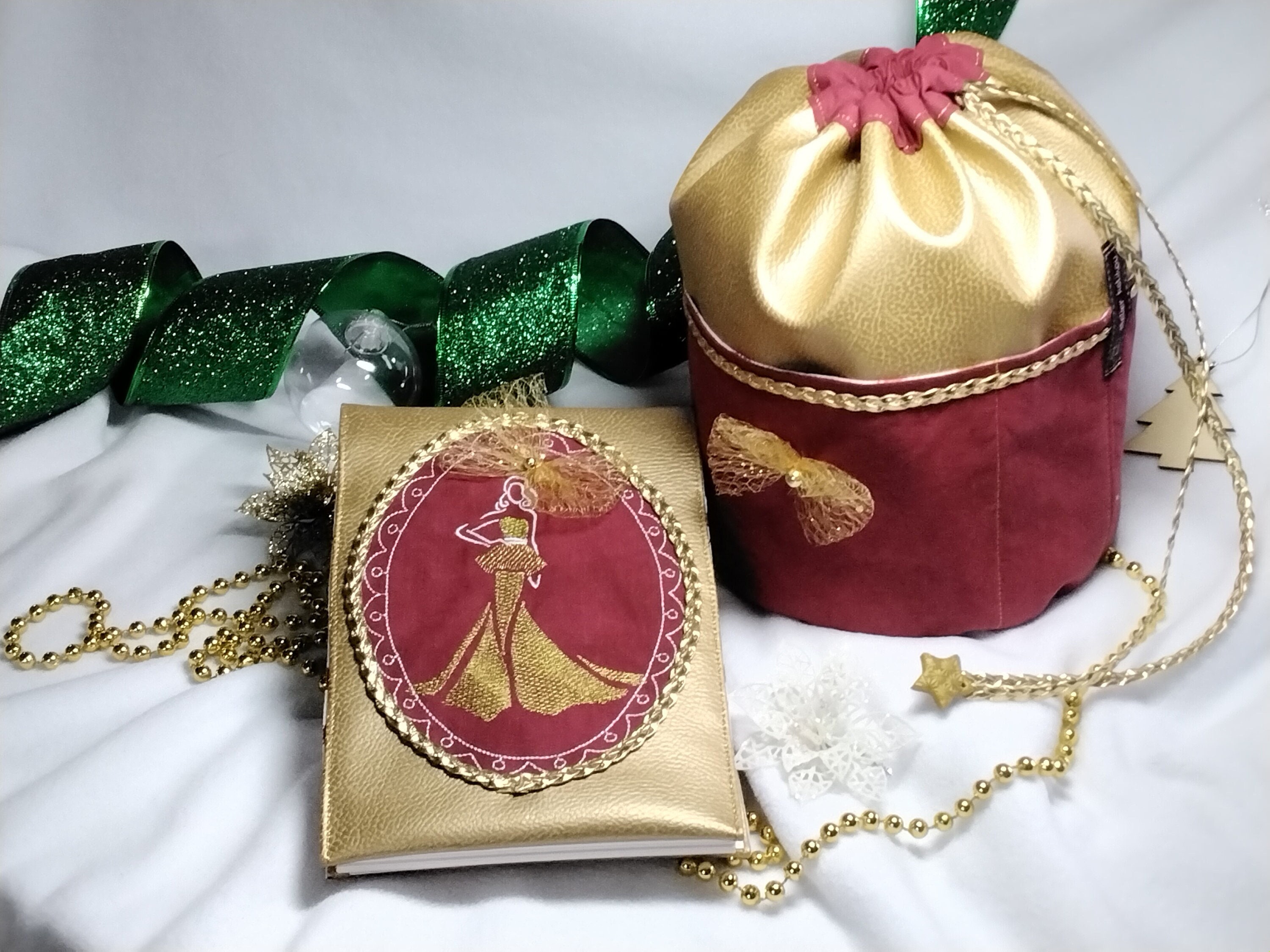 Ensemble Grand Pochon de Rangement, Multipoches et Carnet Croquis, Similicuir Doré Tissu