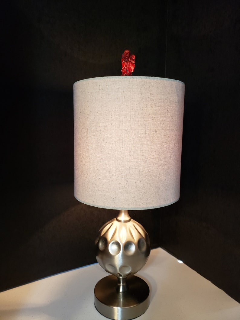 Vintage Asian Cinnabar Resin Carved Figurine Lamp Finial 3tall Man Holding Baby With Brass Swivel Finial