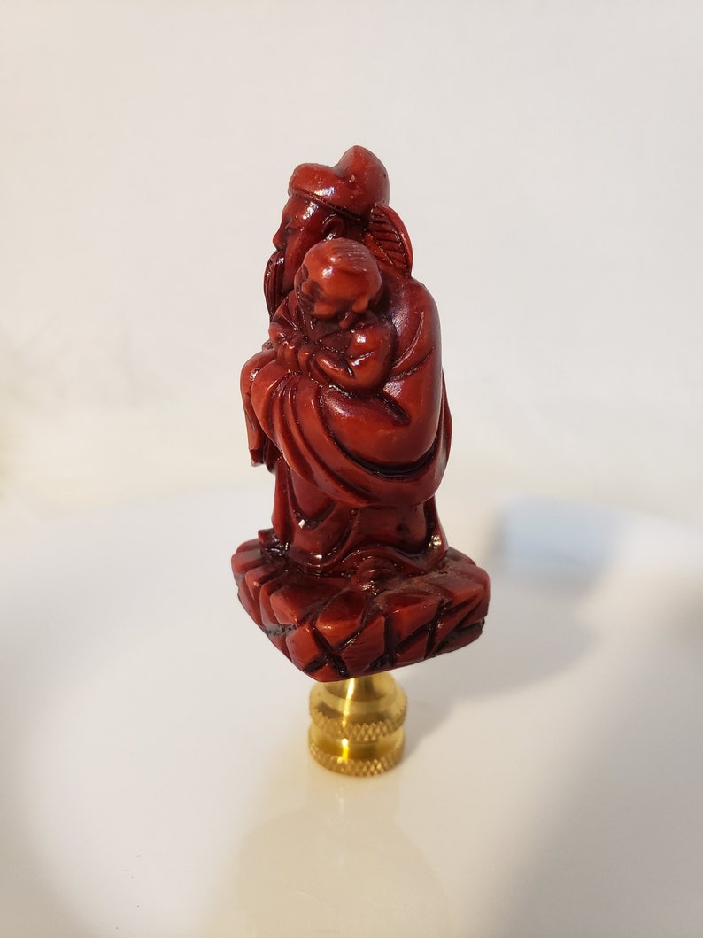 Vintage Asian Cinnabar Resin Carved Figurine Lamp Finial 3tall Man Holding Baby With Brass Swivel Finial