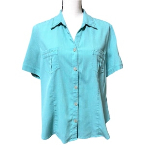 Alfred Dunner Button Up Blouse Embellished Beaded Tab Sleeve Flower/Shell Button Shape