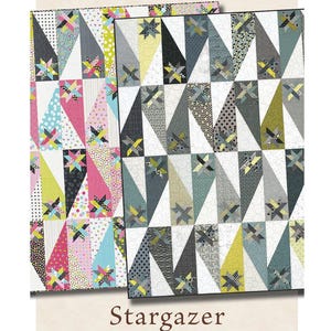 May include: Two Stargazer quilt patterns by Doug Leko, featuring star and triangle designs in various colors. The patterns include sizes for a runner (18" x 60"), throw (60" x 72"), and king (108" x 108") quilt.