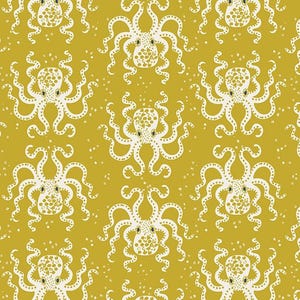 May include: Mustard yellow background with a repeating pattern of white octopus illustrations. The octopuses are stylized with dotted details and symmetrical designs, creating a visually engaging and nautical-themed pattern.