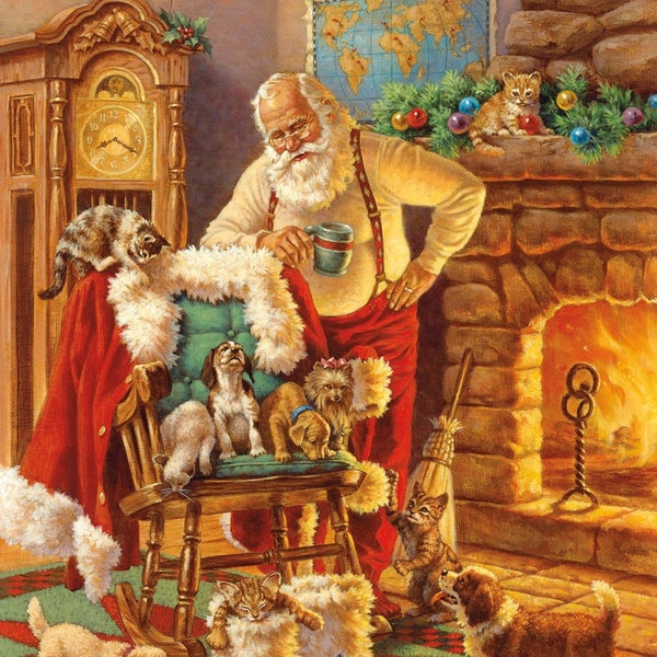 CHRISTMAS CLASSIC ~ Santa with Puppies & Kittys ~ by Riley Blake ~ by-the-panel 36"x44" Dog, Cat