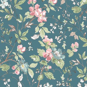 May include: Floral pattern wallpaper featuring pink, white, and blue flowers with green leaves and brown branches on a teal background. The design is a repeating pattern of blossoms and foliage.