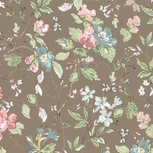 May include: A floral pattern featuring pink, blue, and white flowers with green leaves and brown stems. The design is set against a brown background, creating a vintage, botanical aesthetic. This pattern is suitable for fabric or wallpaper.