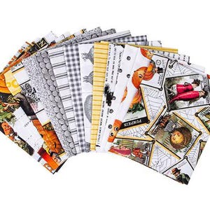 May include: A collection of Halloween-themed fabric squares fanned out against a white background. The fabric features various patterns, including pumpkins, spiders, and vintage illustrations in orange, black, white, and gray.