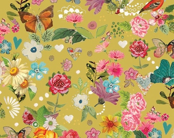 FOLLOW YOUR JOY ~ Sunshine Florals in Citron Green ~ Kelly Rae Roberts ~ Rose Butterfly Bird Flowers