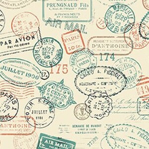 May include: A cream-colored background is covered with vintage postage stamps in shades of red, teal, and black. The stamps feature text like "Paris," "Air Mail," and dates from 1900. The design evokes a travel or postal theme.