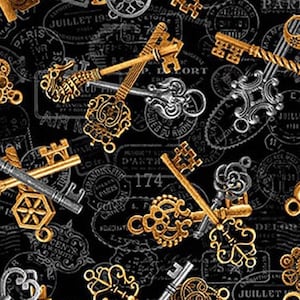 May include: A black background is covered with a repeating pattern of antique keys in gold and silver. The keys have ornate designs and are scattered across the surface. Stamps and the words "Paris" and "Air Mail" are also visible.