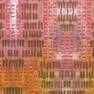 May include: A textile pattern featuring a repeating design of dark brown vertical brushstrokes arranged in horizontal rows, interspersed with small red x-shaped marks on a textured background of blended orange, pink, and muted yellow tones.
