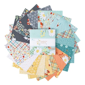 May include: A collection of fabric squares in various patterns and colors, including floral, plaid, and honeycomb designs. The fabric bundle is wrapped with a label that reads "Sunshine and Sweet Tea". The color palette includes teal, yellow, orange, and gray.