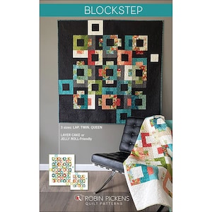 May include: A quilt pattern titled "BLOCKSTEP" featuring a modern design with square blocks in teal, green, orange, and floral patterns against a black background. The pattern is available in LAP, TWIN, and QUEEN sizes. The quilt is displayed on a wall and draped over a chair.