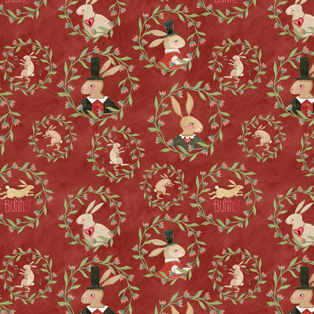 HOP HOP HOORAY ~ Rabbits Bunny Hare Wreaths on Red Background ~ Riley ...