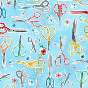 May include: A light blue fabric pattern featuring various scissors in different styles and colors, including red, gold, and green. The scissors are interspersed with floral and botanical accents.