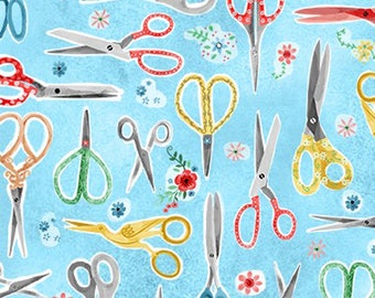 A STITCH in TIME ~ Sewing Scissors and Flowers on Blue ~ Michael Miller ~ By-The-Yard